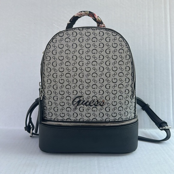 New GUESS Black Gray Logo Print Double Zipper Small Backpack/Handbag - Picture 1 of 7